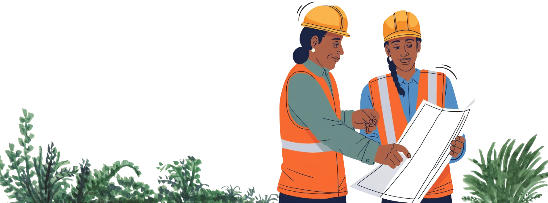 Dos obreras con casco y chaleco reflectivo revisan un plano de obra entre plantas