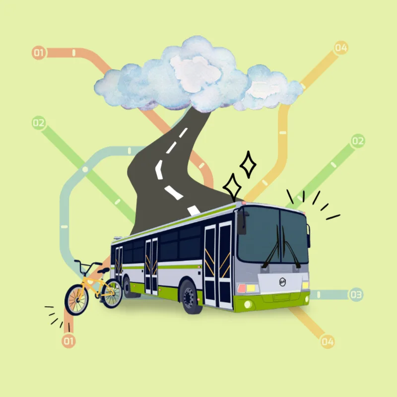 Ilustración: un bus y una bicicleta sobre un mapa de rutas, con una vía que sale de una nube
