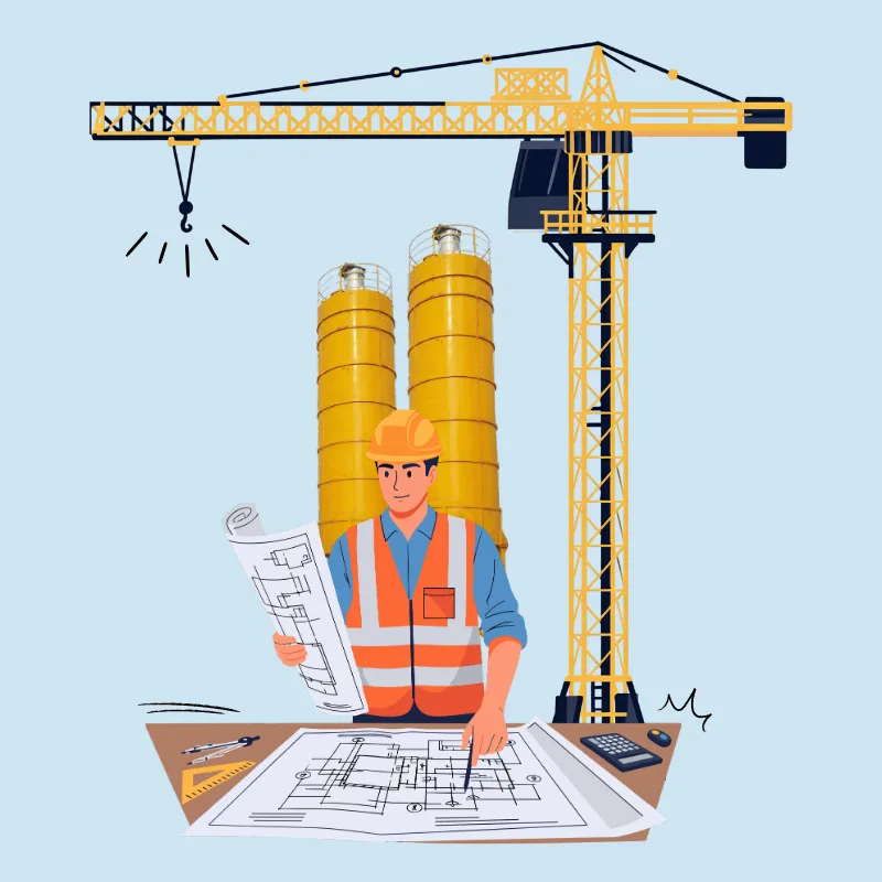 Ilustración: un ingeniero revisa planos frente a una torre grúa y dos silos