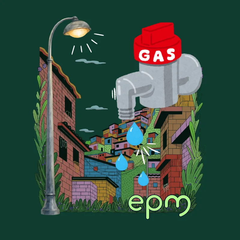 Ilustración: un poste de alumbrado, un grifo de gas y gotas de agua sobre un barrio de ladera, con el logo de EPM
